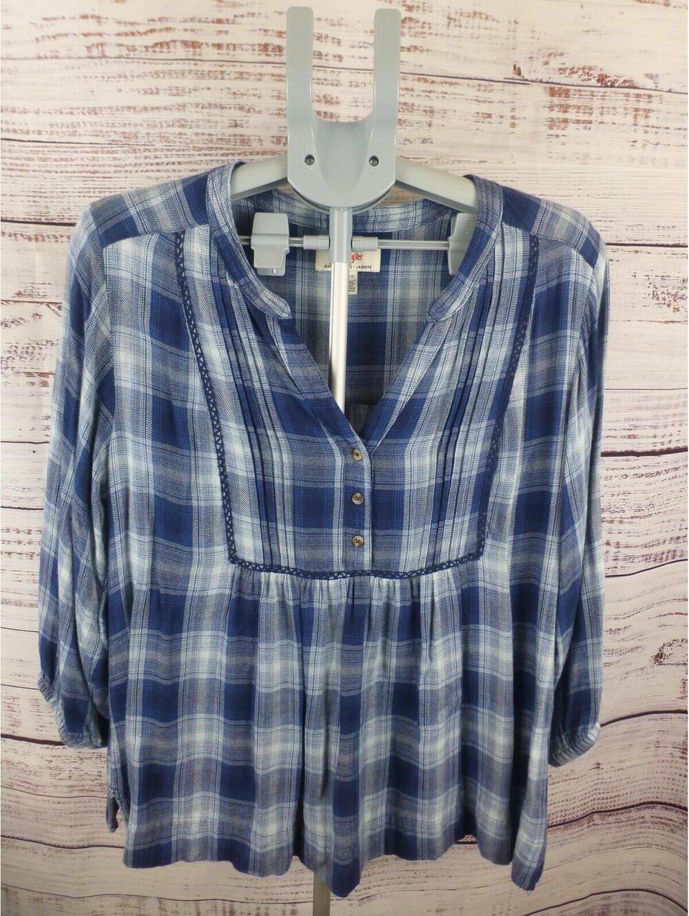 Wrangler Women's Blue Plaid Pleated Henley Blouse Top Size L Large Button G4A